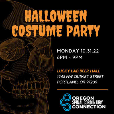 PDX Costume Party Meetup - 1080x1080 Halloween Costume Party. Monday 10.31.22 6pm to 9pm at Lucky Lab Beer Hall - 1945 NW Quimby Street, Portland, OR 97209. Oregon Spinal Cord Injury Logo at bottom of image.