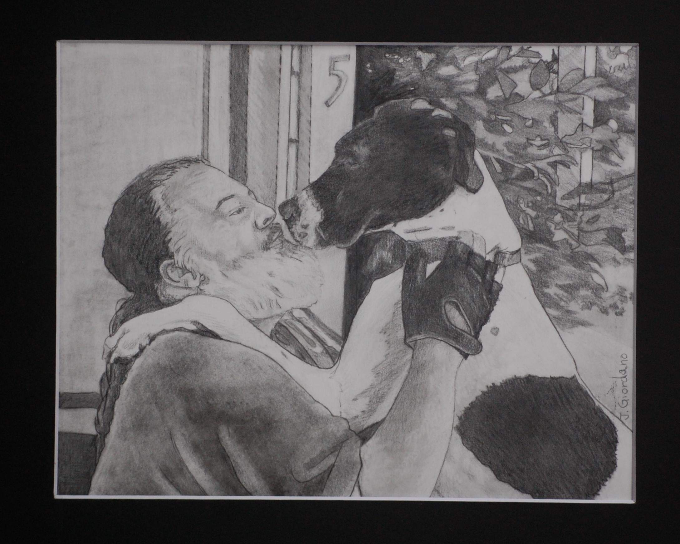 Michael and Lola drawing A pencil drawing of Michael Mortensen embracing his dog, Lola. Michael, with a beard and long hair tied back, smiles as Lola stands on her hind legs and nuzzles his face affectionately. The background includes a doorway marked with the number 5 and leafy branches to the right, capturing a warm moment of love and companionship.